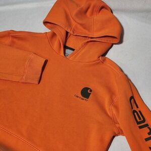 Boys/Youth CARHARTT Sweatshirt Hoodie pullover Orange logo Spellout size L 14-16
